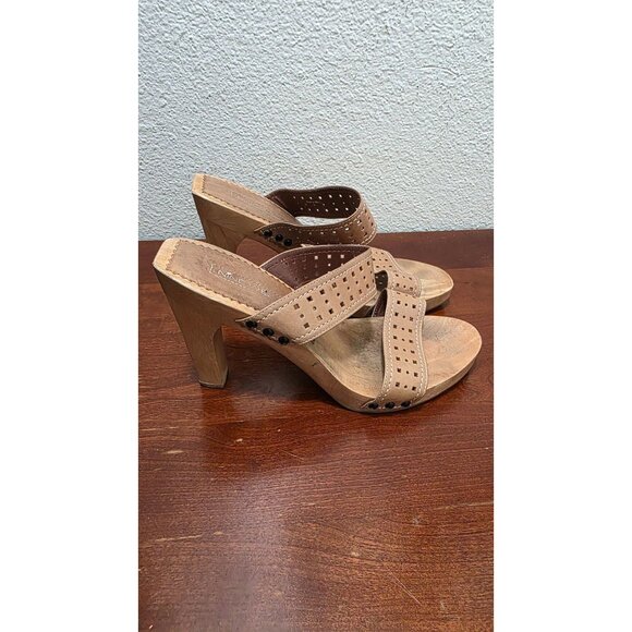 Nine West Tan Wood Platform Block Perforated Leather Heeled Sandals Size 9 - Picture 3 of 10